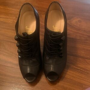 Christian Louboutin Black Leather Lace-Up Peep-Toe Booties